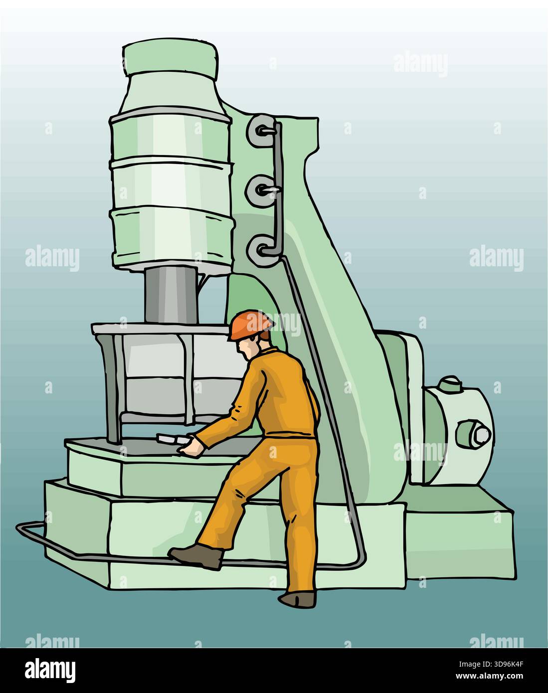 immagine di un lavoratore che sta azionando una pressa idraulica di grandi dimensioni, premendo un pezzo Illustrazione Vettoriale