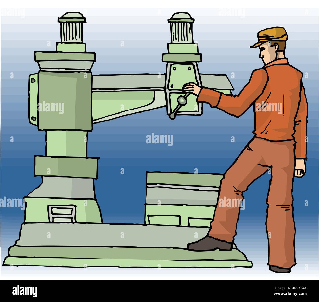 Un'illustrazione astratta del vettore mostra un lavoratore che utilizza la fresatrice in uno stile cartoon Illustrazione Vettoriale