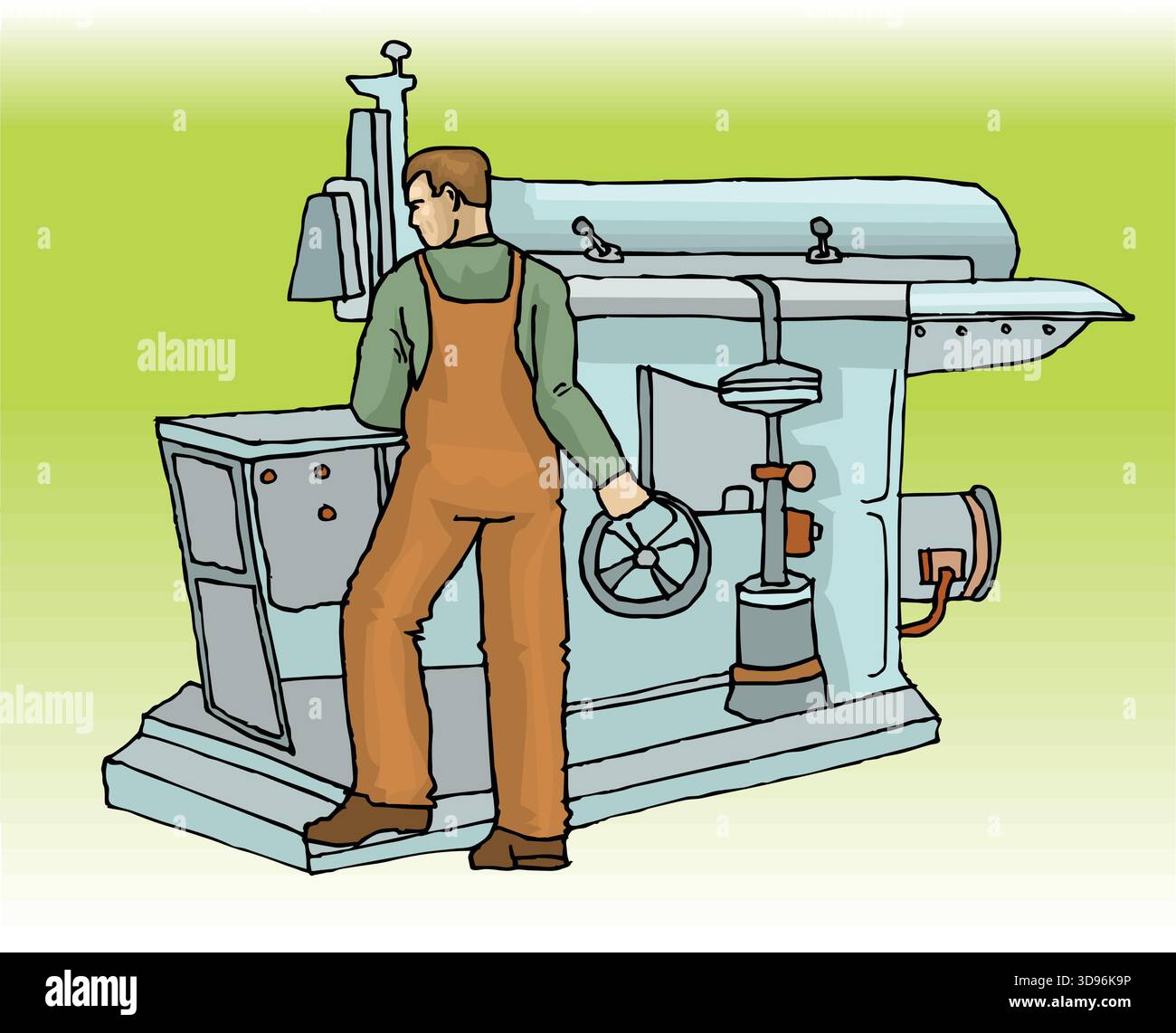 Un'illustrazione astratta del vettore mostra un lavoratore che utilizza la macchina per tornio in uno stile cartoon Illustrazione Vettoriale