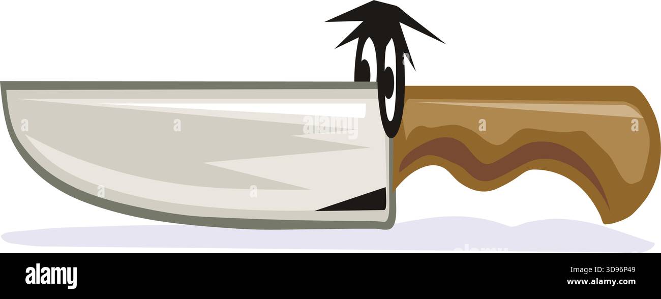 immagine di un coltello grigio con impugnatura marrone, con un volto sorpreso con occhi larghi e sopracciglia rialzate Illustrazione Vettoriale
