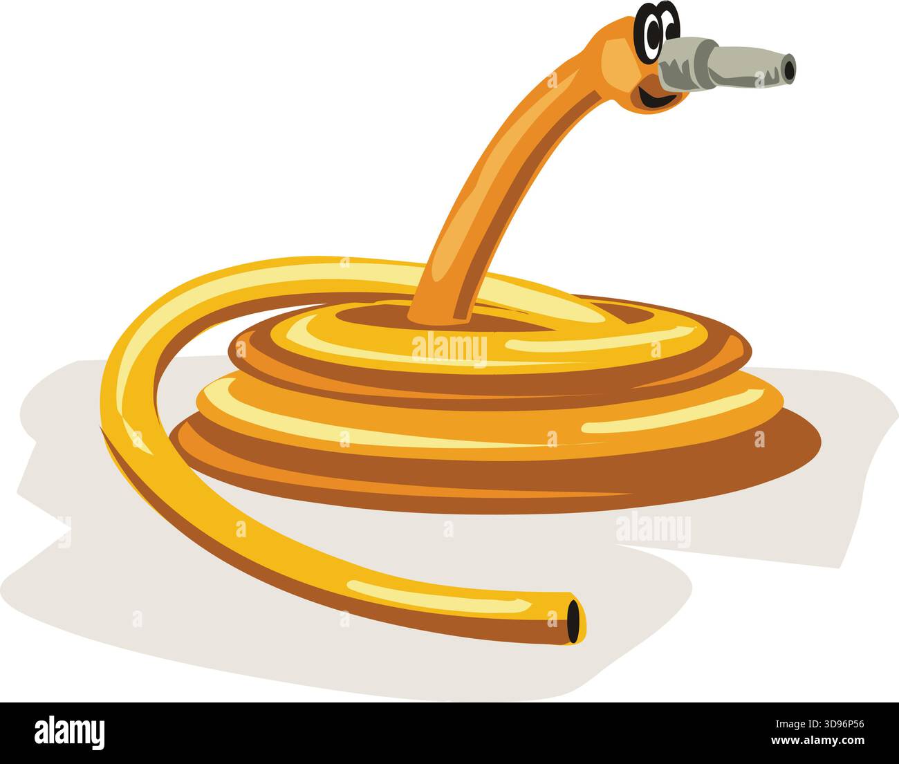 immagine di un tubo flessibile arancione avvolto in una spirale, con una faccia felice con occhi grandi e un ugello grigio Illustrazione Vettoriale