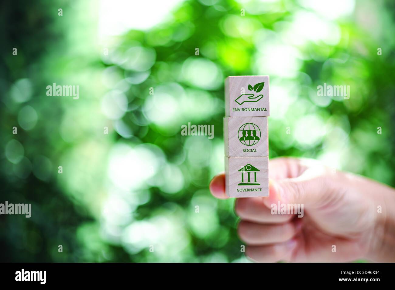 Mano che tiene i cubetti di legno. ESG Concepts on Environment, Society and Governance Green Wooden block icon esg investment esg Sustainable corporate develo Foto Stock