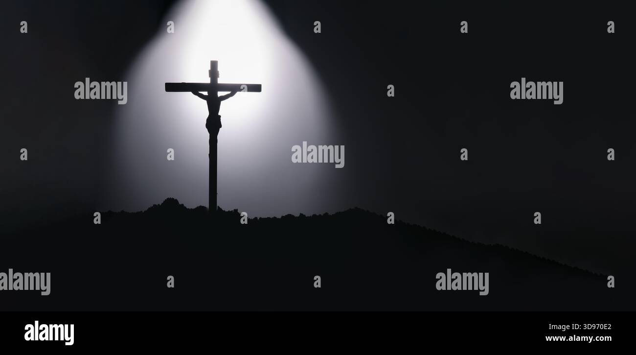 Gesù Cristo incrocia il simbolo della religione. Church Cross sulla cima di una collina in silhouette. Croce bianca e nera per cristiano, Resurrezione e Gesù Chris Foto Stock