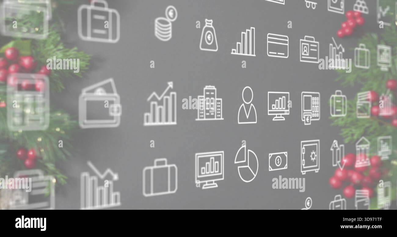 Mostra le icone a linee bianche ripetute, la griglia è centrata su sfondo grigio testurizzato, con puntini sempreverdi Foto Stock