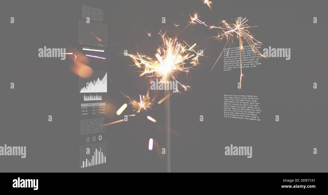 Emettendo scintille a luce singola che inviano scintille e tracce in studio oscuro, steli metallici e grafici, bokeh Foto Stock