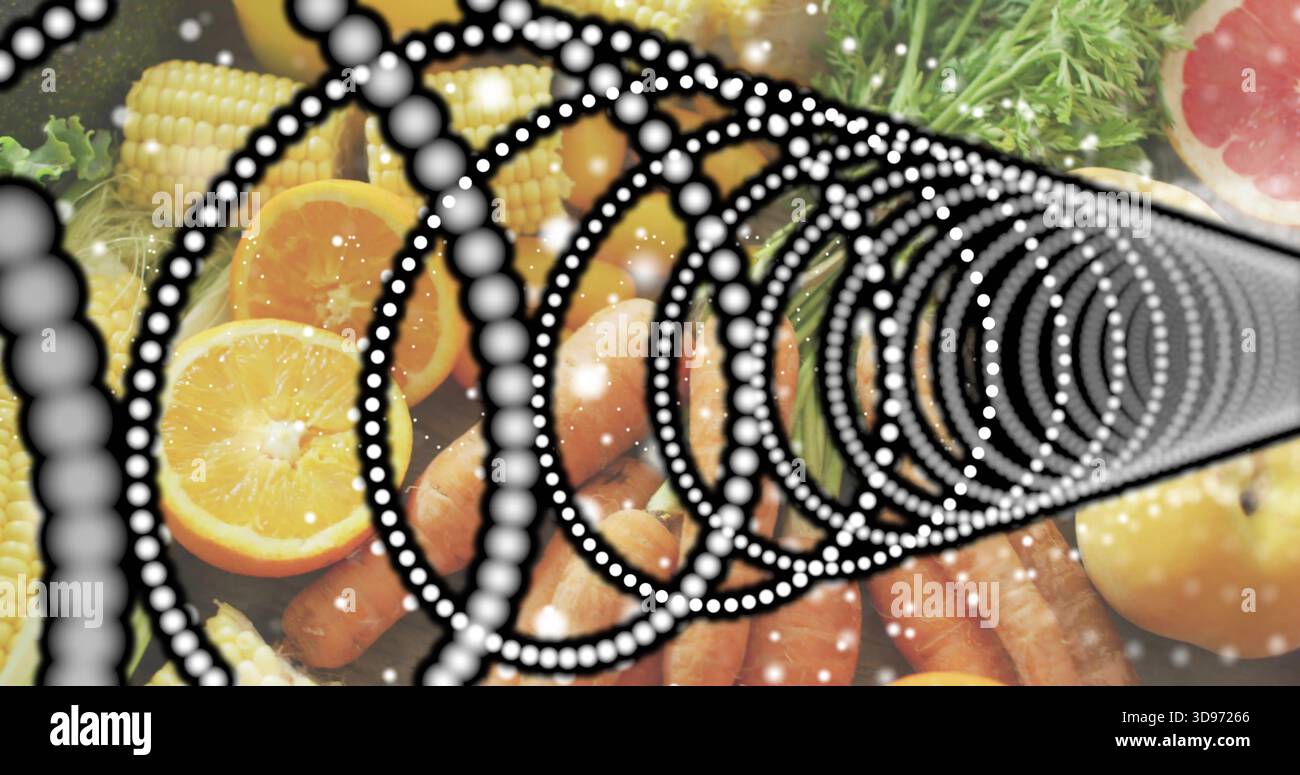 Con piano portapaziente a spirale punteggiata, arancio a metà, carote, mais e verdure Foto Stock