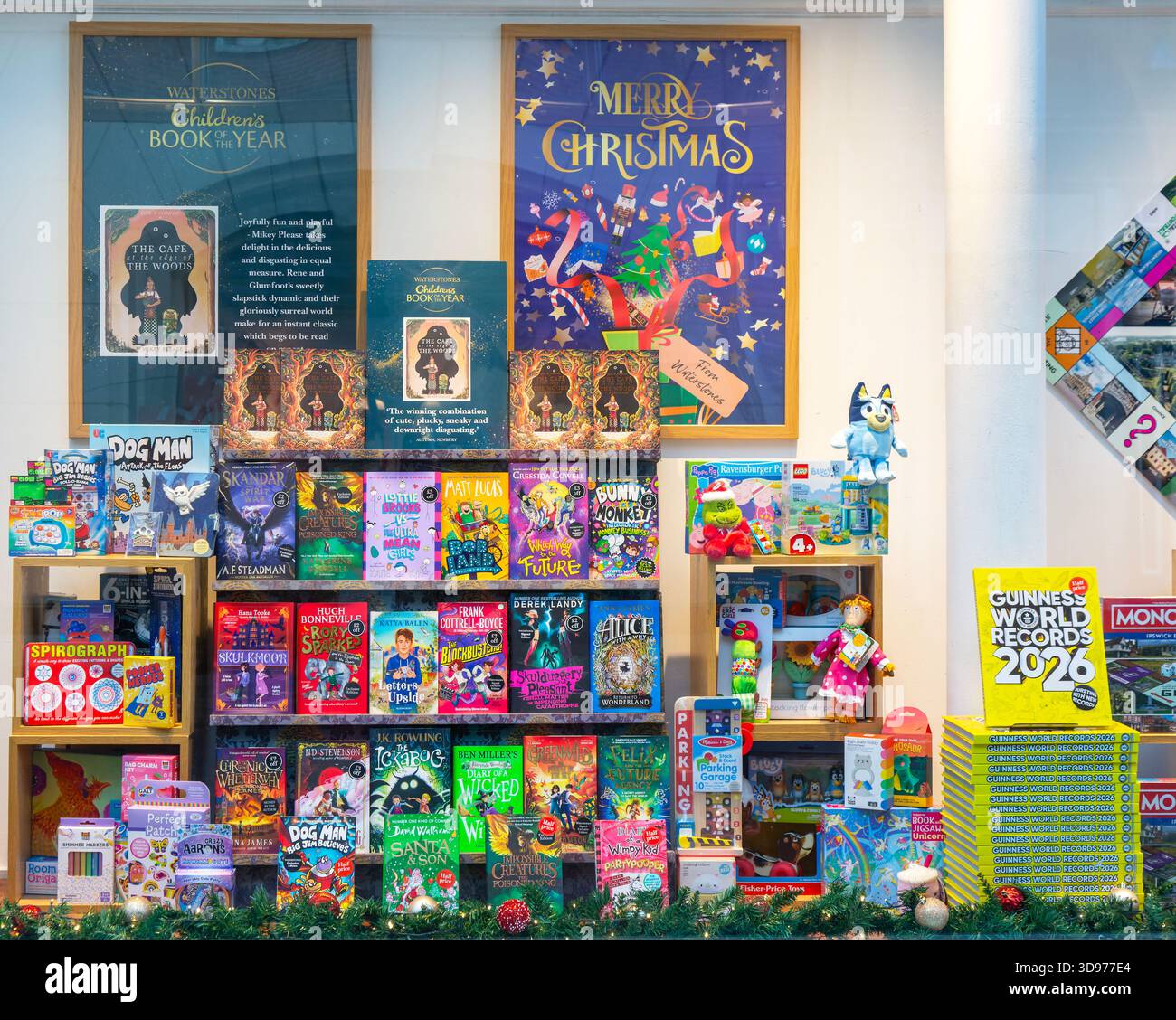 Libri per bambini in vetrina natalizia della libreria Waterstones, Ipswich, Suffolk, Inghilterra, Regno Unito Foto Stock