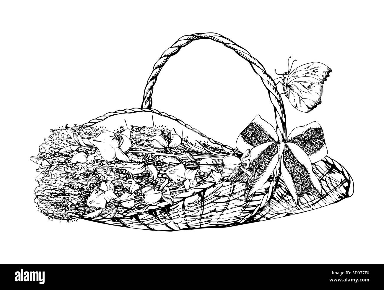 Cestino intrecciato di lavandula lavanda e scopa spagnola spartium con farfalla gialla e arco. Illustrazione di schizzo isolata disegnata a mano in vettore Illustrazione Vettoriale