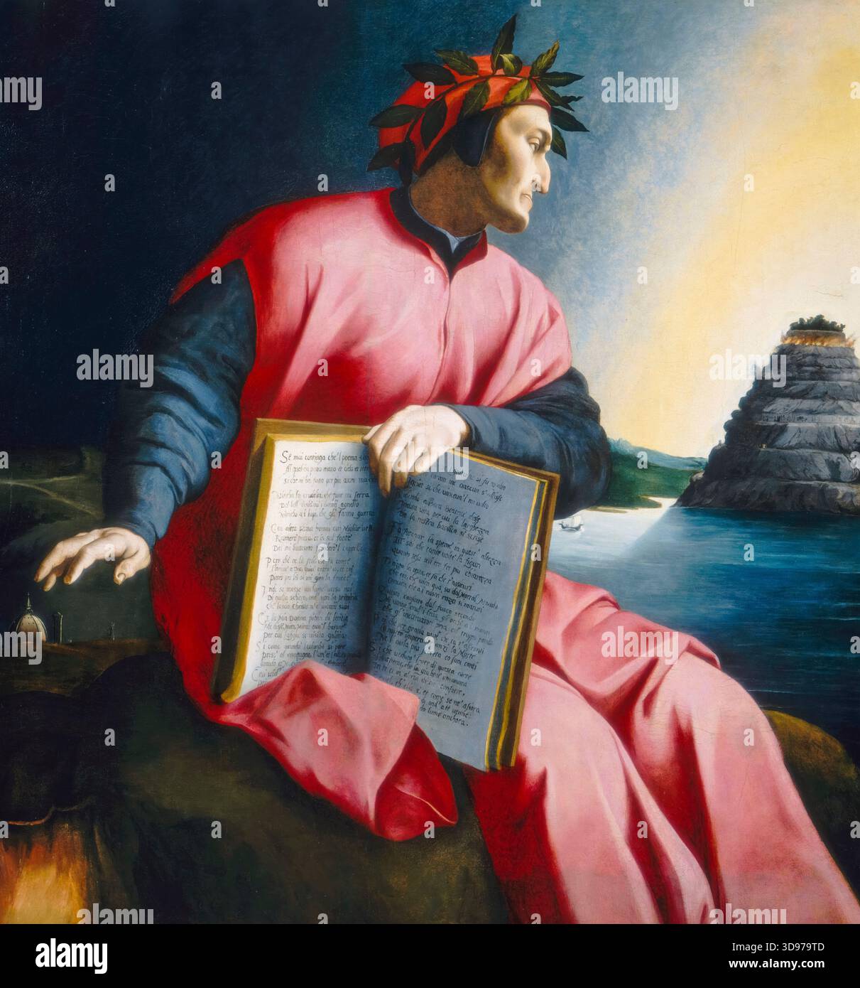 Ritratto allegorico di Dante Alighieri (1265-1321), poeta, scrittore e filosofo italiano, pittura ad olio su tavola, dopo il 1575 Foto Stock