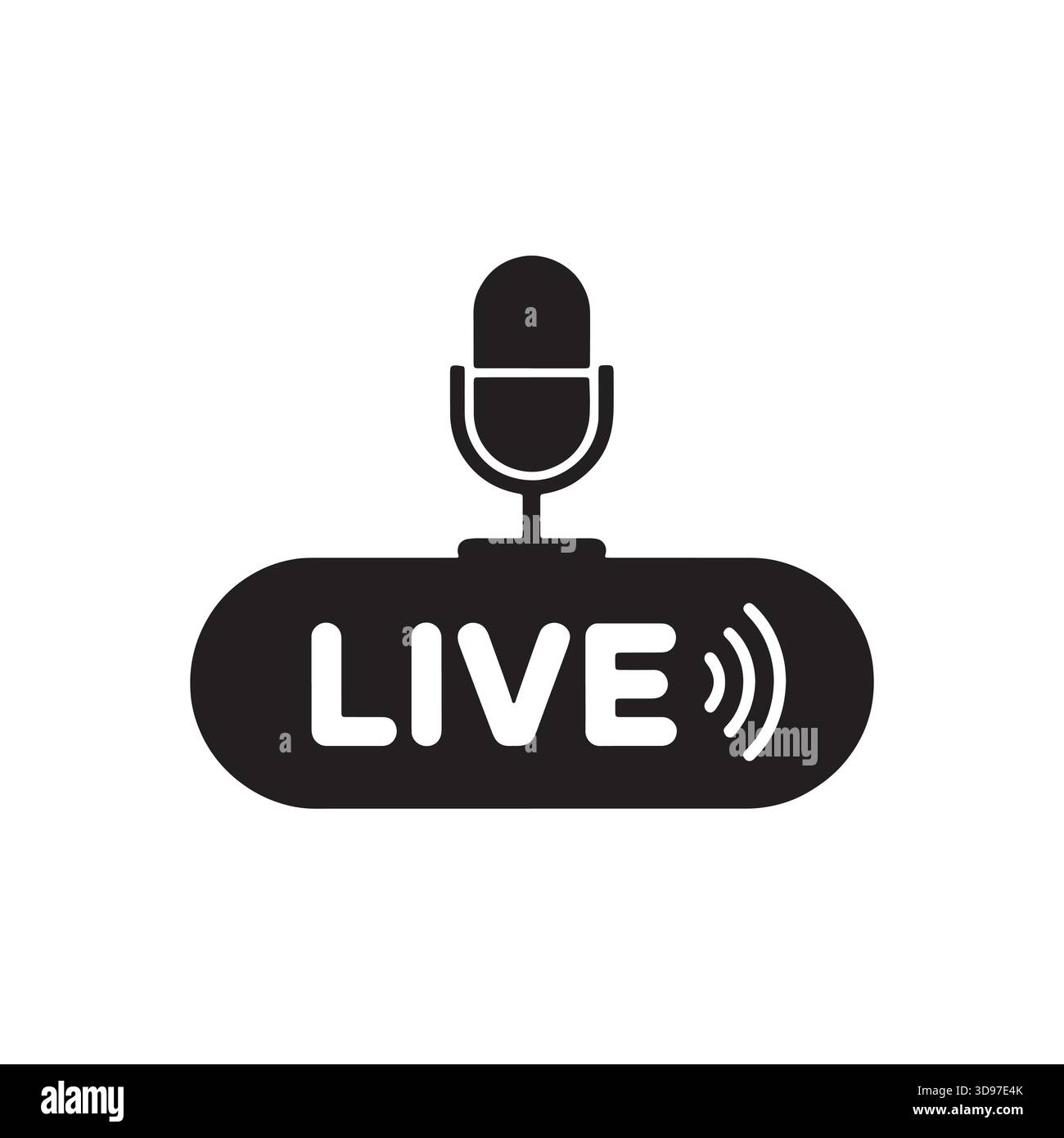 Microfono e icona di trasmissione in diretta in stile bianco e nero Illustrazione Vettoriale