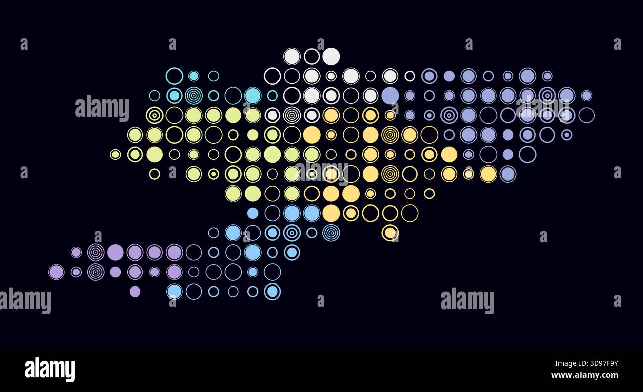 Kirghizistan, forma del paese costruita da celle colorate. Mappa digitale del Kirghizistan su sfondo scuro. Blocchi circolari di grandi dimensioni. Illustrazione Vettoriale