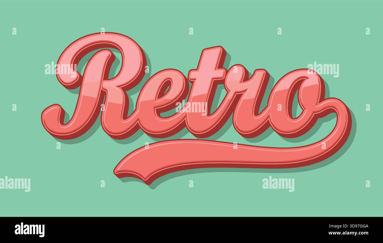 Design con testo retrò, caratteri corsivi rosa, font 3D lucido, sfondo menta, stile vintage, illustrazione grafica nostalgica, isolata, stock Illustrazione Vettoriale