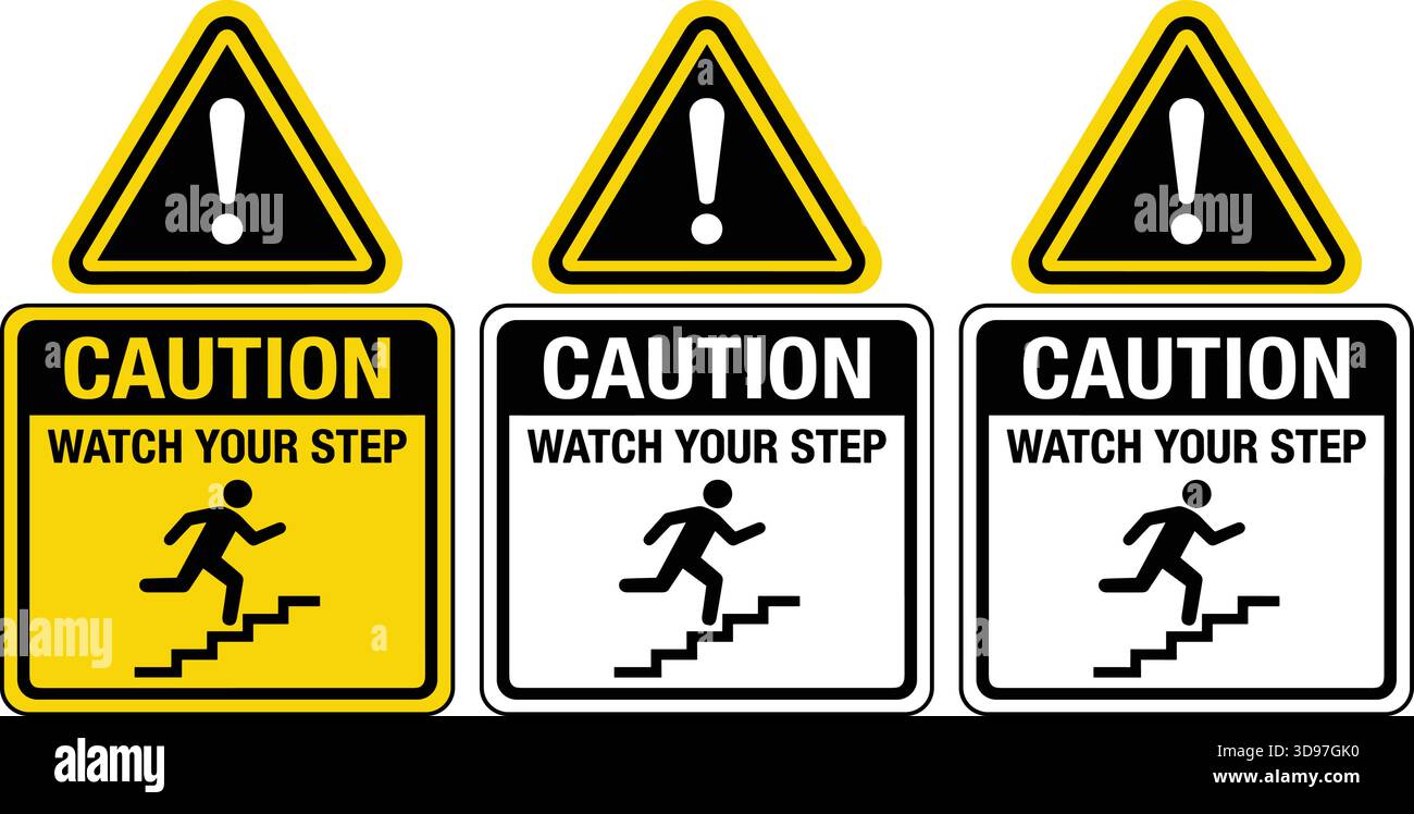 Osservare il cartello gradino, l'avvertenza, l'icona di pericolo di inciampo, la prevenzione delle cadute, la segnaletica di sicurezza, design vettoriale, isolamento, grafica di avviso sul luogo di lavoro Illustrazione Vettoriale