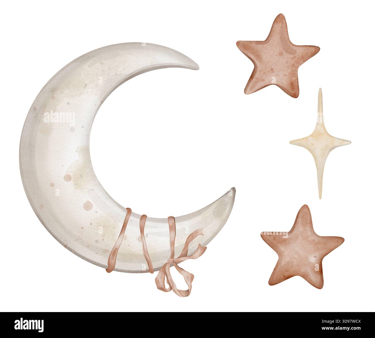 Serie di illustrazioni ad acquerello con luna carina legata al nastro e stelle in color giallo beige pastello e rosso. Elementi di disegno per un'atmosfera da sogno Foto Stock