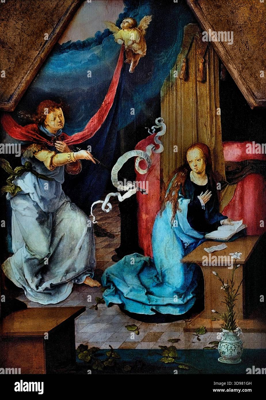 Annunciazione a Maria di Lucas van Leyden Leiden 1494 – 1533 Paesi Bassi olandesi ( Annunciazione , rappresenta la storia biblica, in cui, Arcangelo Gabriele, annuncia alla Vergine Maria che è stata scelta per essere la madre di Gesù, nascita di Cristo, ) Foto Stock