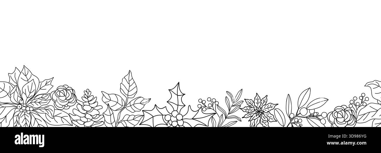 Elegante bordo d'arte floreale invernale con linea continua Illustrazione Vettoriale