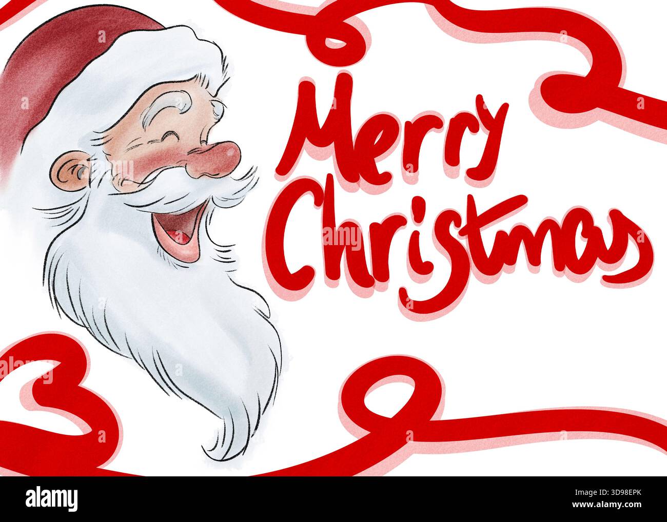 Carino biglietto di auguri di Babbo Natale che ride con una scritta di buon Natale e nastri rossi per le vacanze di Natale. Design dell'illustrazione digitale Foto Stock