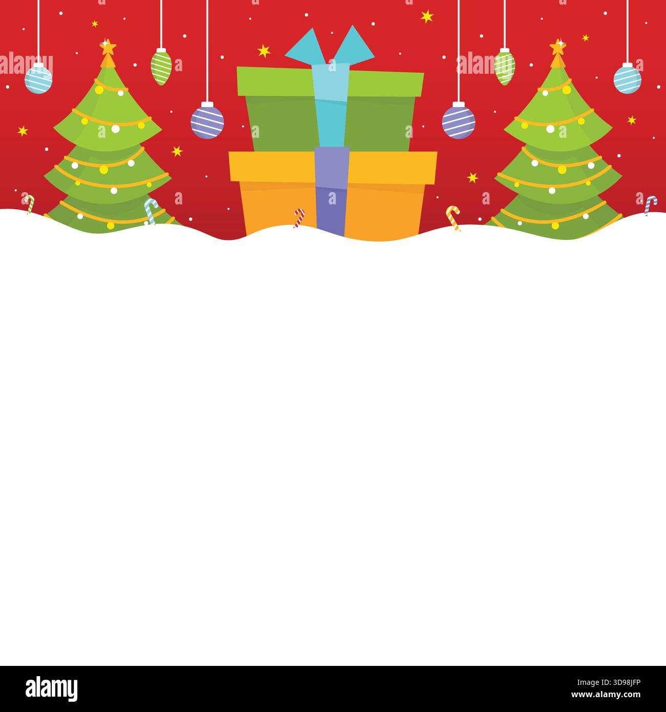Illustrazione piatta natalizia con scatole regalo impilate e due alberi di Natale decorati su una base bianca innevata come spazio per le copie. Illustrazione Vettoriale