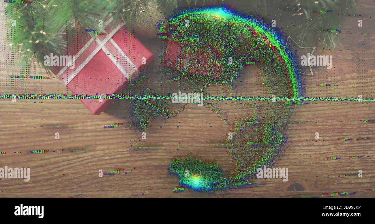 Confezione regalo rossa con nervature bianche su un tavolo in legno, ciuffi di pino e glitch, spazio per copie Foto Stock