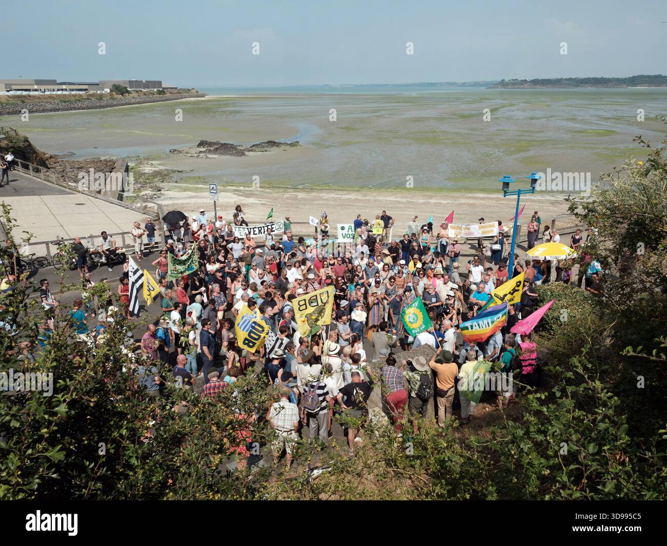 Saint-Brieuc, giovedì 25 luglio 2019. Raduno organizzato dall'associazione "Stop the Green Tides" per denunciare il fenomeno delle alghe verdi nella baia di Saint-Brieuc (Côtes-d'Armor), alla presenza dei deputati Delphine Batho e Yannick Jadot. Spiaggia di Vallese. - 25/07/2019 - Francia / Bretagna / Saint Brieuc - Augustin le Gall / le Pictorium Foto Stock