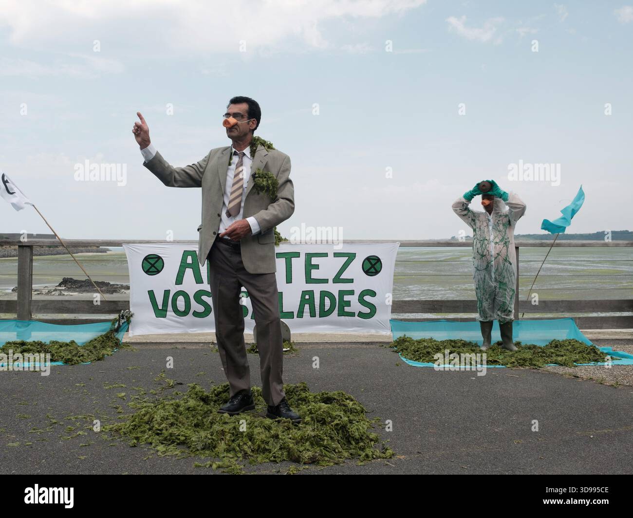 Saint-Brieuc, giovedì 25 luglio 2019. Attivisti della Extinction Rebellion Brittany. Raduno organizzato dall'associazione "Stop the Green Tides" per denunciare il fenomeno delle alghe verdi nella baia di Saint-Brieuc (Côtes-d'Armor), alla presenza dei deputati Delphine Batho e Yannick Jadot. Spiaggia di Vallese. - 25/07/2019 - Francia / Bretagna / Saint Brieuc - Augustin le Gall / le Pictorium Foto Stock