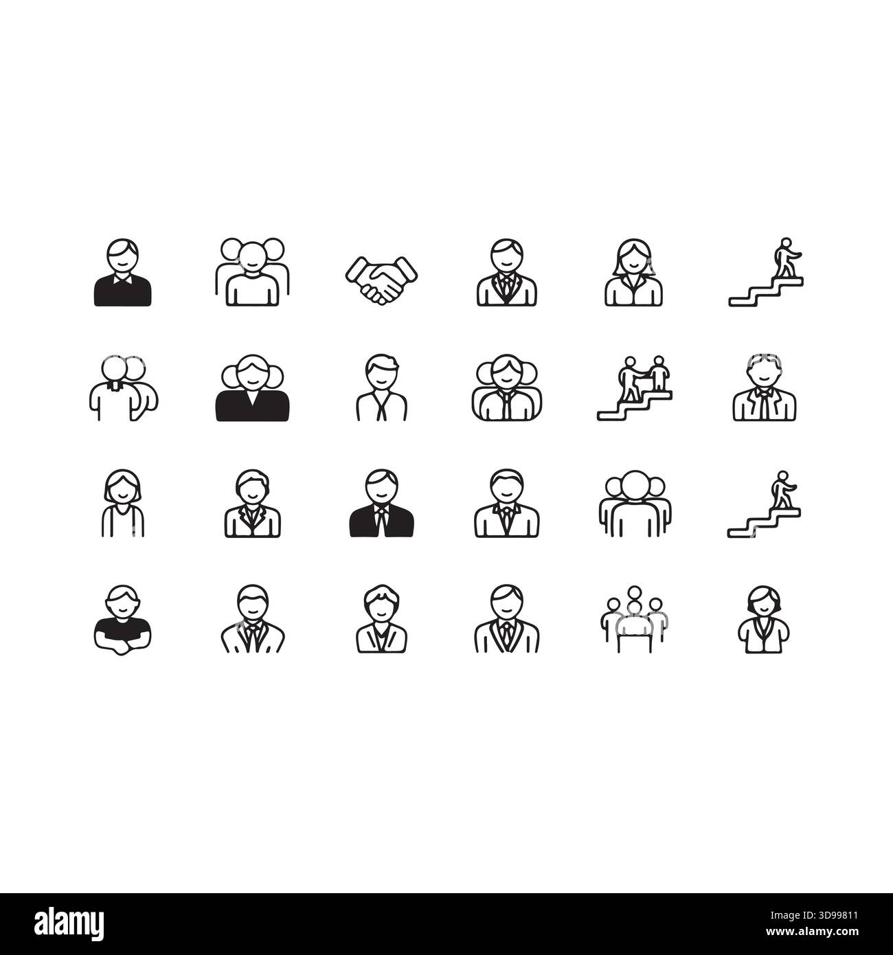 Una raccolta di diverse icone vettoriali in bianco e nero che rappresentano la tecnologia aziendale e i concetti direzionali Illustrazione Vettoriale