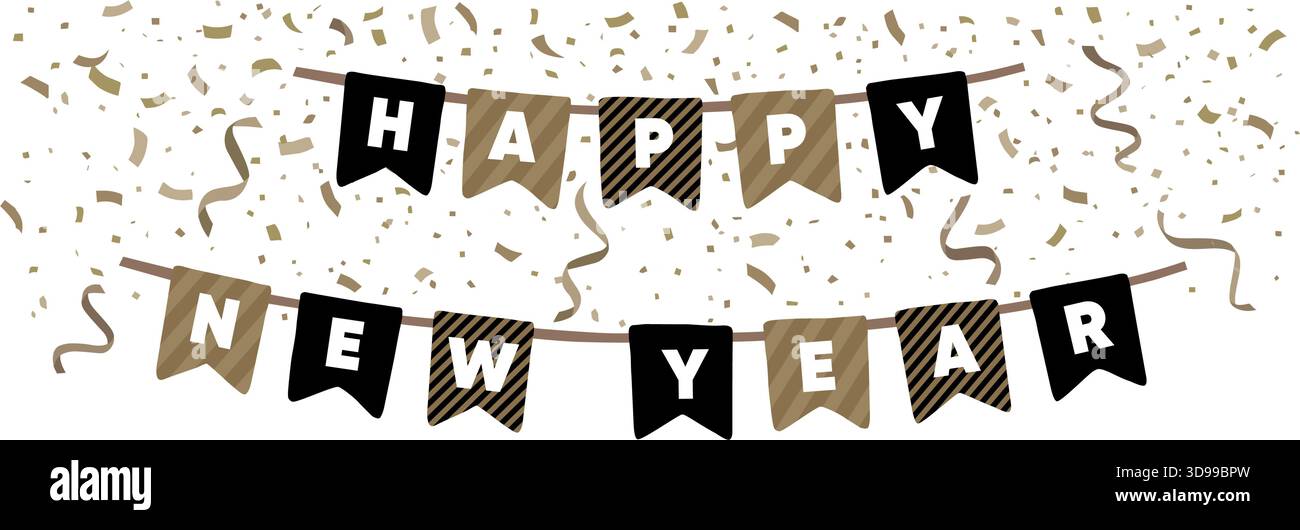 Felice anno nuovo garland in oro e nero. Bandierine di Bunting isolate sul retro. Coriandoli cadenti, rastrellatori. Striscione per le festività natalizie. Festa Illustrazione Vettoriale