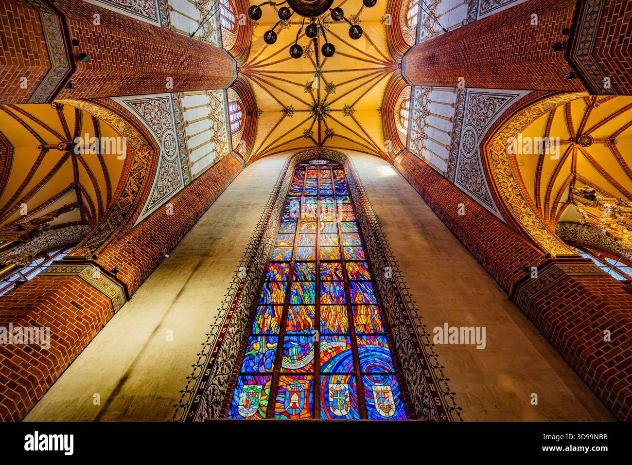 Soffitto a volta in stile gotico ornato con colorati archi a costine nella Basilica cattedrale dell'assunzione, Pelplin, Polonia Foto Stock