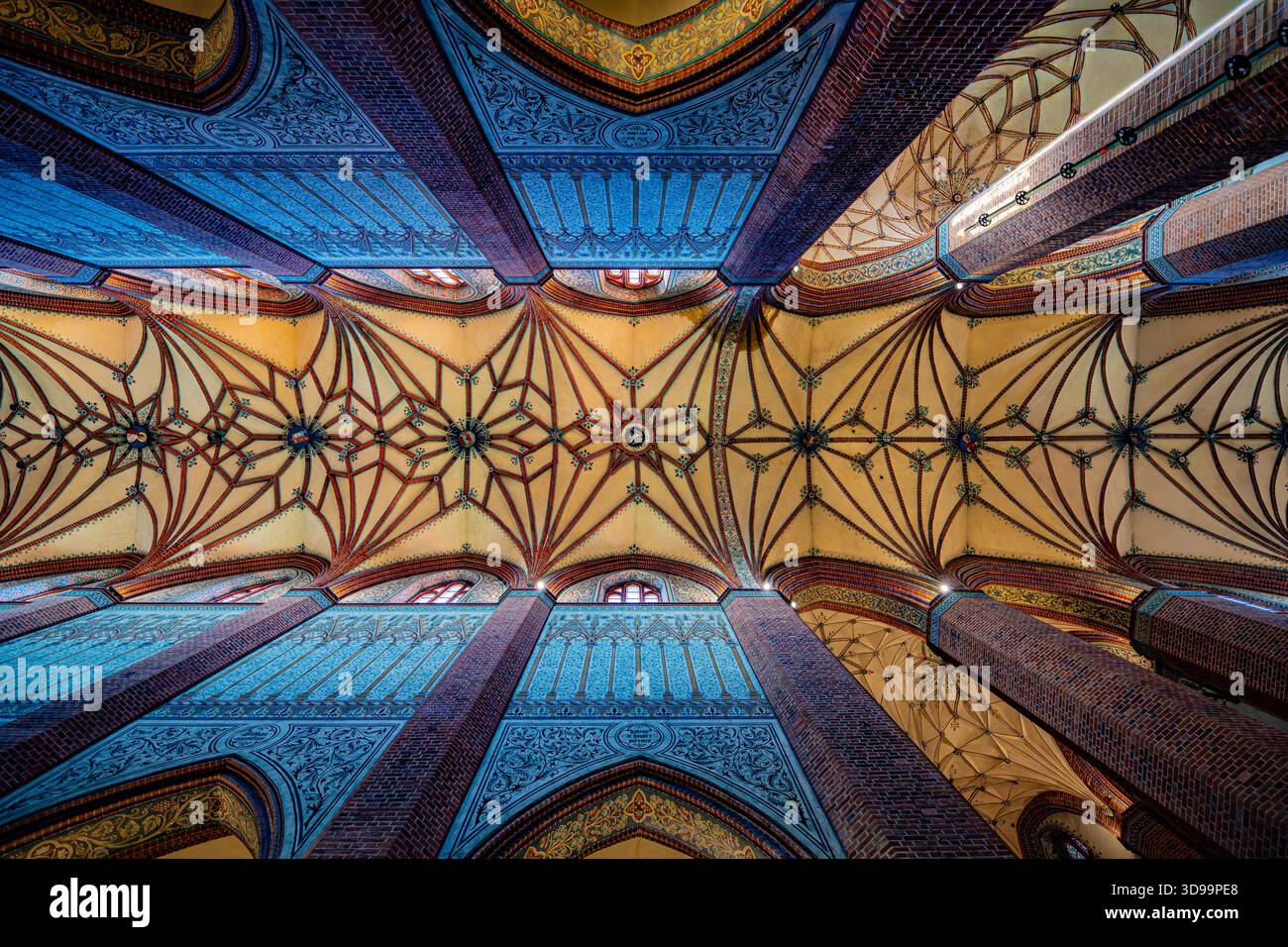 Soffitto a volta in stile gotico ornato con colorati archi a costine nella Basilica cattedrale dell'assunzione, Pelplin, Polonia Foto Stock