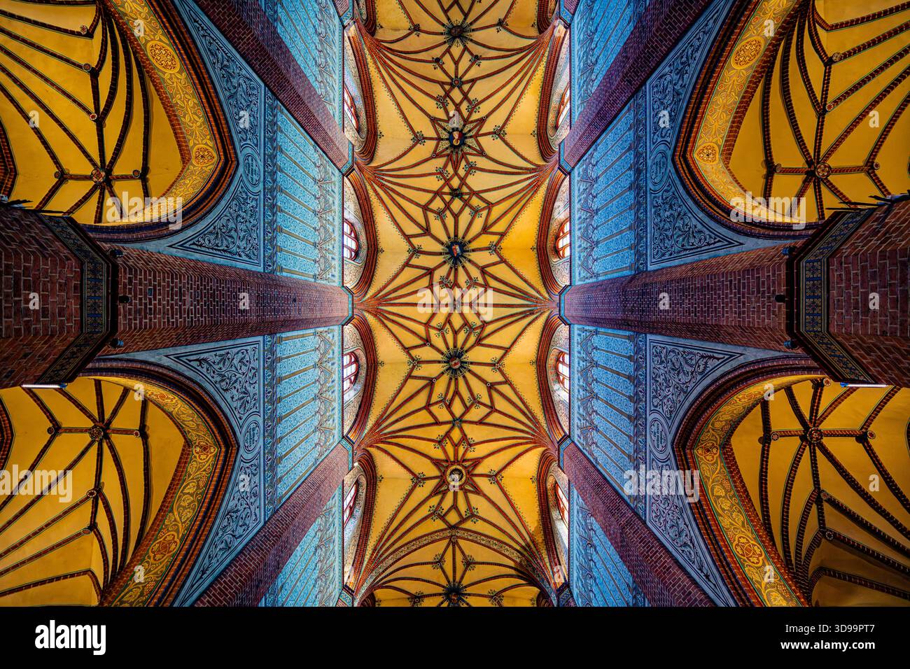 Soffitto a volta in stile gotico ornato con colorati archi a costine nella Basilica cattedrale dell'assunzione, Pelplin, Polonia Foto Stock