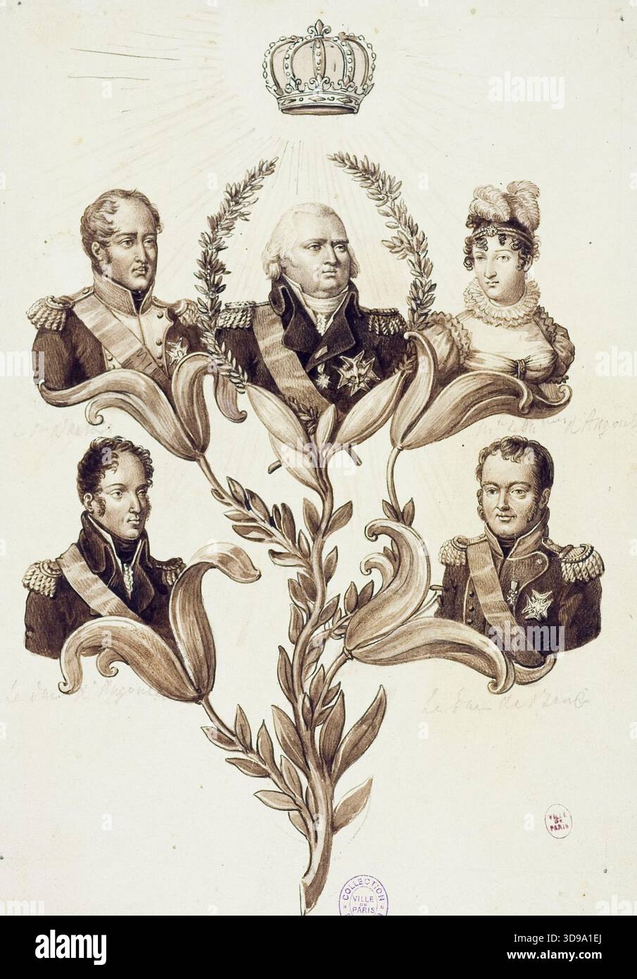L'amata Lily. Cinque ritratti della famiglia reale, Luigi XVIII, Eugène Blaisot o Blaizot, disegnatore, tra il 1801 e il 1900, XIX secolo, disegno, Arti grafiche, disegno, dimensioni - illustrazione: altezza: 25,5 cm, larghezza: 18,2 cm, dimensioni - supporto originale: altezza: 35,5 cm, larghezza: 26 cm, dimensioni - supporto museo: altezza: 47,7 cm, larghezza: 36,7 cm, dimensioni - tappetino museo: altezza: 49,5 cm, larghezza: 39,5 Foto Stock