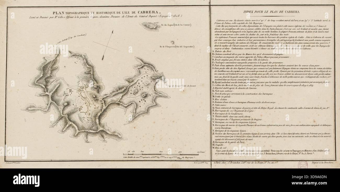 Mappa topografica e storica dell'isola di Cabrera. Brianchon, incisore, Anonimo, autore del modello, Brianchon, Editore, circa 1808, Stampa, arti grafiche, stampa, incisione, dimensioni - illustrazione: altezza: 23,4 cm, larghezza: 46 cm, dimensioni - montaggio: altezza: 32,5 cm, larghezza: 50 Foto Stock