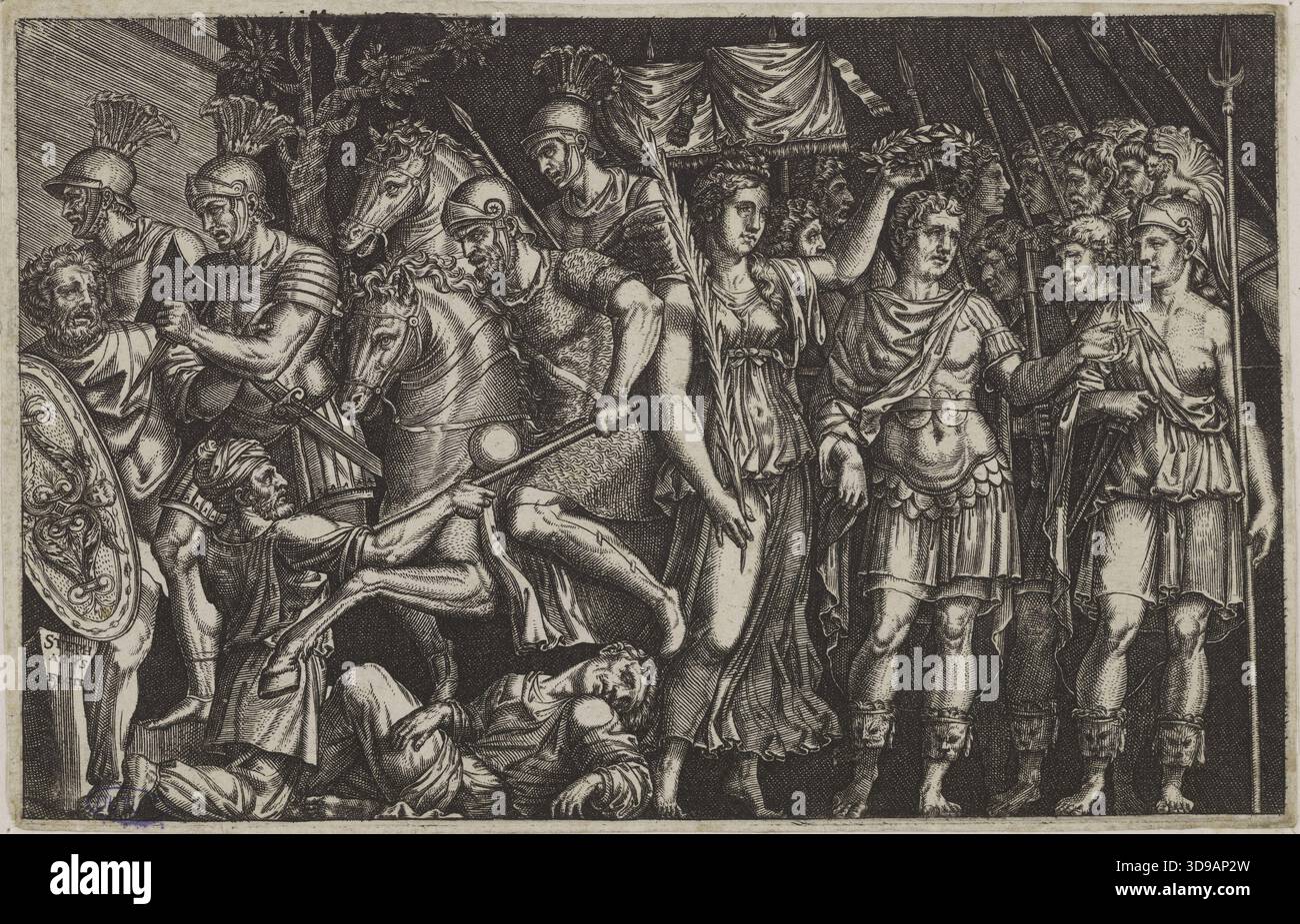 Trionfo di Traiano dopo Marco Antonio, di Etienne Delaune, incisore; di Marc Antony Raimondi, autore dell'originale; Scuola francese, XVI secolo; Stampa; Arti grafiche; stampa interpretativa; incisione; dimensioni: altezza: 8,5 cm, larghezza: 13,1 Foto Stock