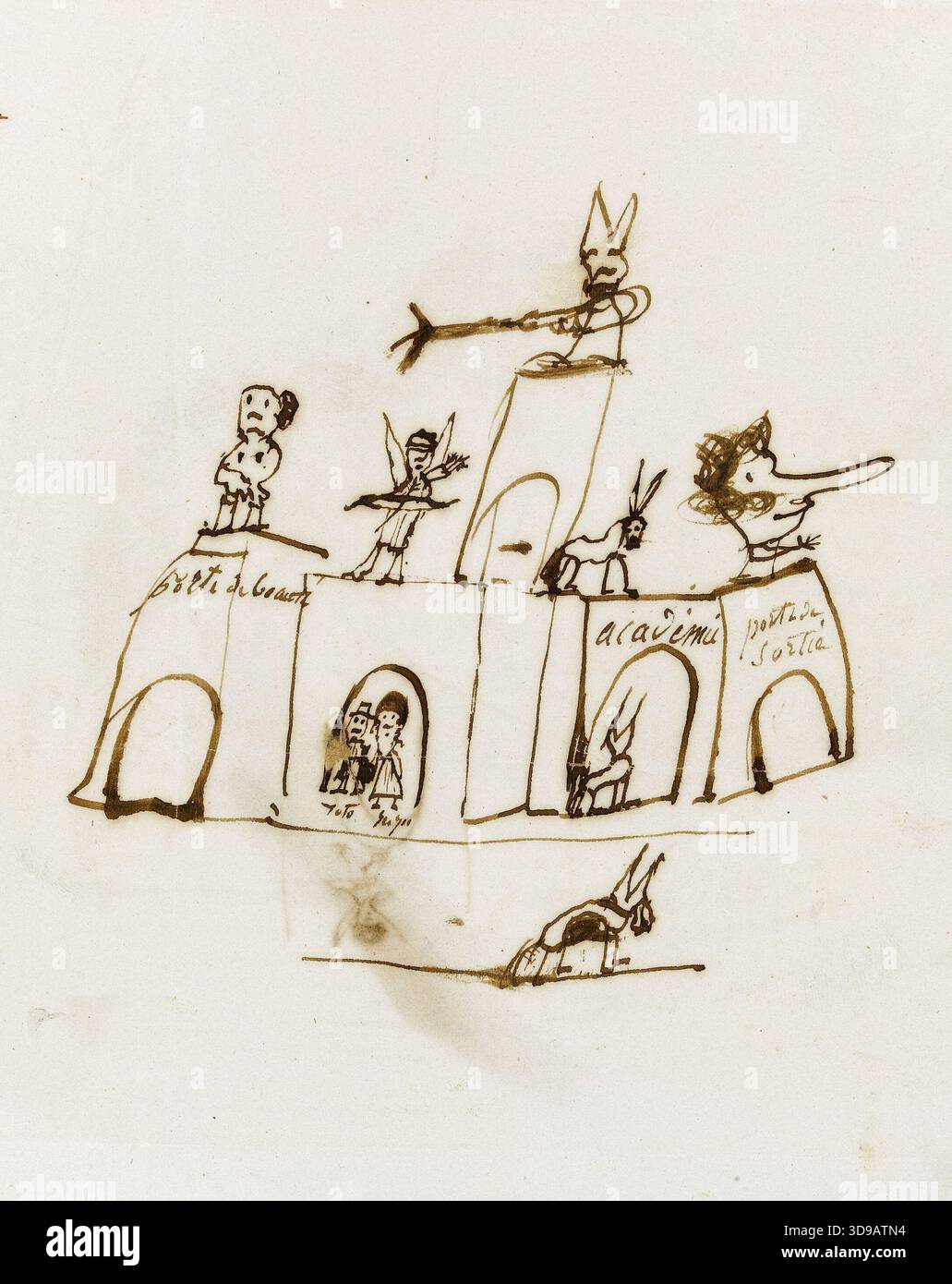 Caricatura dell'Accademia 'porta della bellezza, accademia, uscita cancello', Juliette Drouet (conosciuta come Juliette Gauvain), Draughtsman, Maison de Victor Hugo - Hauteville House, Arti grafiche, disegno, penna, inchiostro, dimensioni - disegno: altezza: 26,7 cm, larghezza: 21,3 cm, dimensioni - montaggio: altezza: 52,8 cm, larghezza: 37,8 Foto Stock