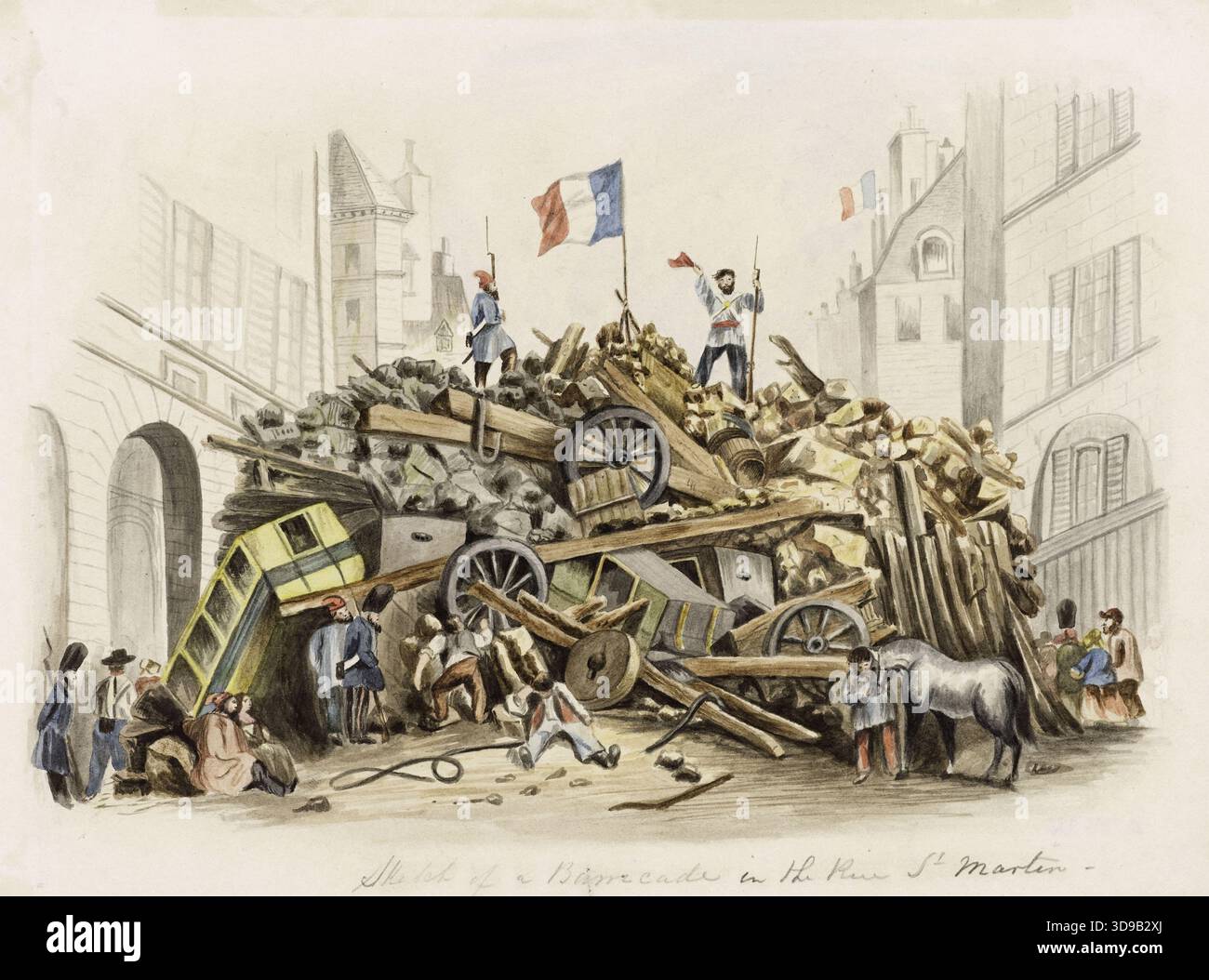 Barricata in Rue Saint-Martin il 25 febbraio 1848, 3° e 4° arrondissement. Harding, James Duffield, Draughtsman, 1848, Arti grafiche, disegno, disegno, dimensioni - opera d'arte: altezza: 19,5 cm, larghezza: 22,5 cm, dimensioni - supporto museale: altezza: 37 cm, larghezza: 48 cm, dimensioni - tappetino museale: altezza: 40 cm, larghezza: 50 Foto Stock