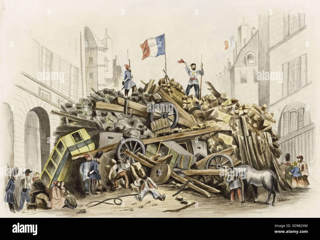 Barricata in Rue Saint-Martin il 25 febbraio 1848, 3° e 4° arrondissement. Harding, James Duffield, Draughtsman, 1848, Arti grafiche, disegno, disegno, dimensioni - opera d'arte: altezza: 19,5 cm, larghezza: 22,5 cm, dimensioni - supporto museale: altezza: 37 cm, larghezza: 48 cm, dimensioni - tappetino museale: altezza: 40 cm, larghezza: 50 Foto Stock