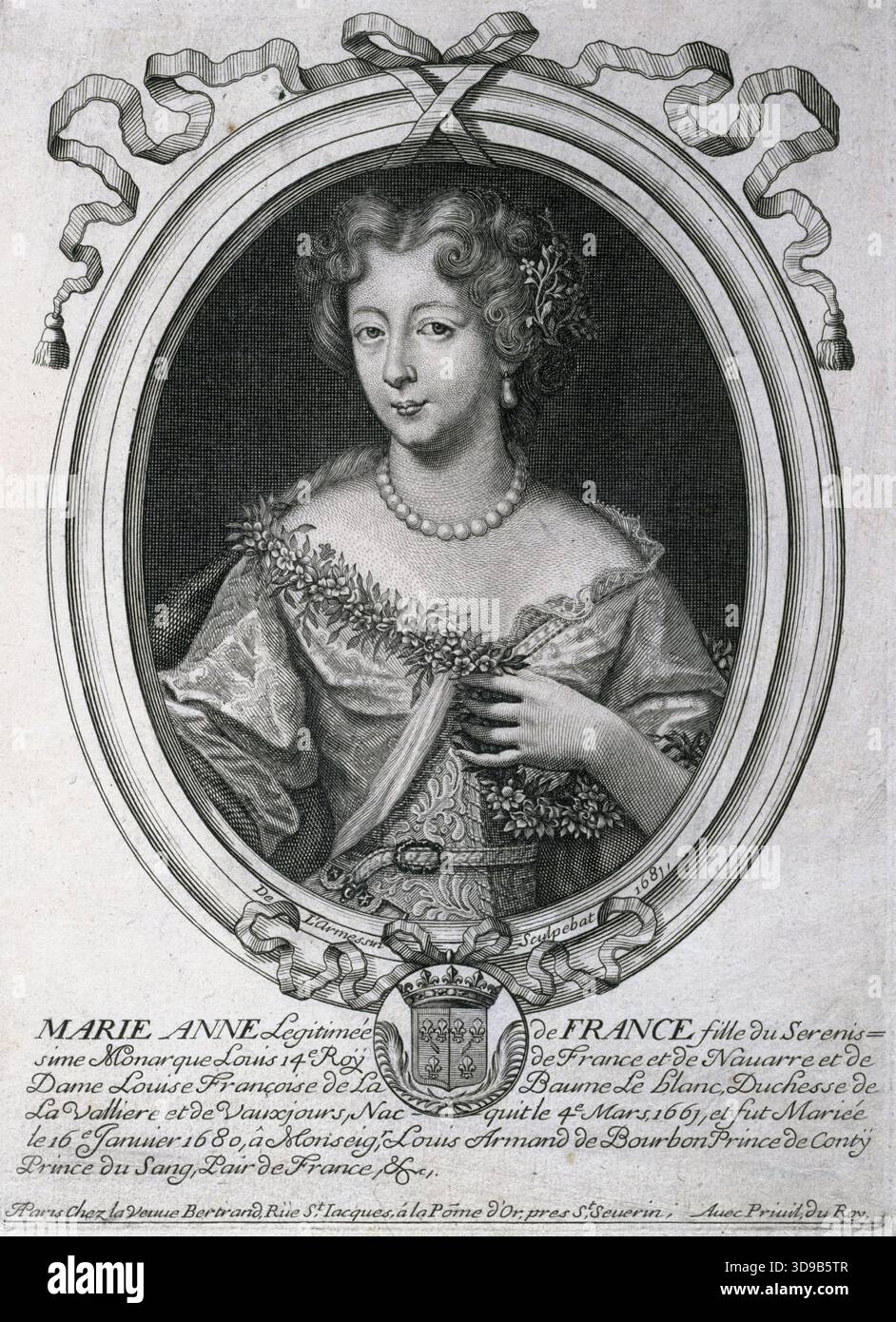 Maria Anna, figlia legittimata di Francia, figlia del più sereno re Luigi XIV di Francia e Navarra, Larmessin, Nicolas i de, Engraver, Bertrand, P., Editore, 1681, Stampa, Arti grafiche, stampa, incisione, dimensioni - illustrazione: altezza: 25,6 cm, larghezza: 19,1 cm, dimensioni - montaggio: altezza: 50 cm, larghezza: 32,5 Foto Stock