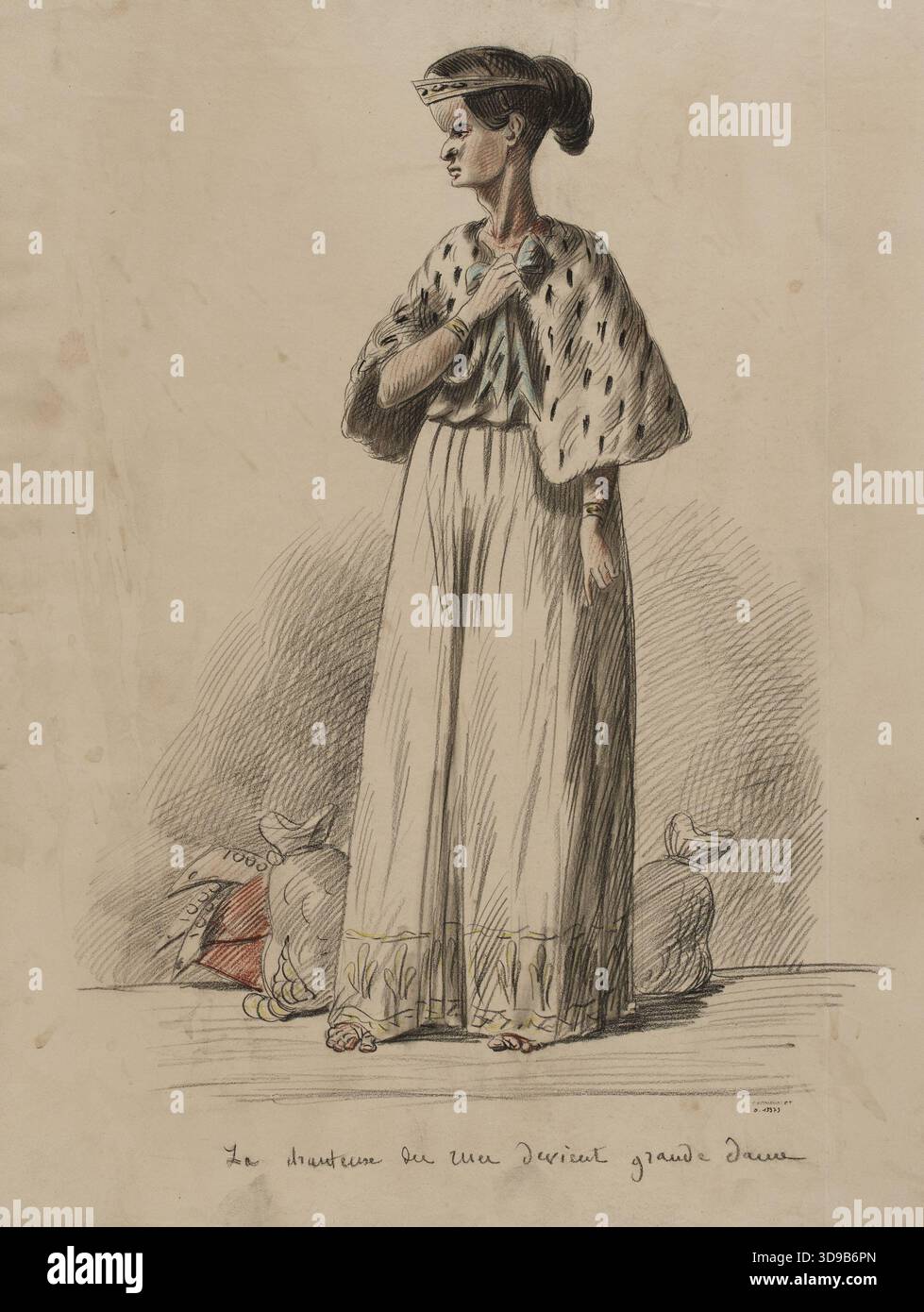 Caricatura di Miss Rachel, di Alexandre Gabriel-Hubert Legenisel, XIX secolo, disegno, Arti grafiche, disegno, gesso nero, gesso rosso, pastello, dimensioni - illustrazione: altezza: 54,5 cm, larghezza: 43,7 cm, dimensioni - tappetino: altezza: cm, larghezza: Foto Stock