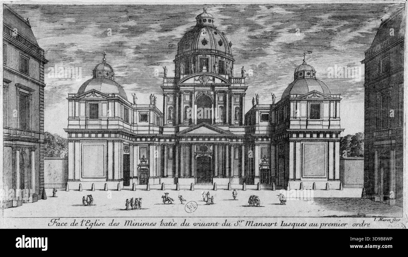 Davanti alla Chiesa dei Minims, costruita durante la vita del signor Mansart, fino al primo ordine, Marot, Jean, incisore, prima del 1666, arti grafiche, Stampa, incisione, dimensioni - illustrazione: altezza: 15,7 cm, larghezza: 27,5 cm, dimensioni - Vecchio supporto: altezza: 19,3 cm, larghezza: 32,6 cm, dimensioni - Museo Mount: altezza: 35 cm, larghezza: 50 Foto Stock