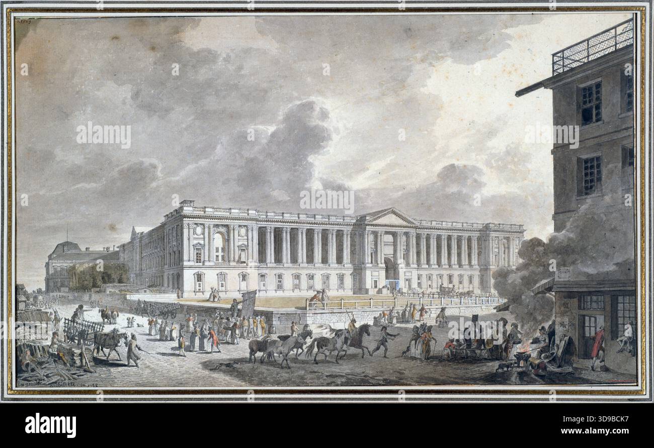 Vista del colonnato del Louvre e della Rue du Petit Bourbon dal Quai de l'École. Meunier, disegnatore, Arti grafiche, disegno, disegno, dimensioni - opera d'arte: altezza: 24,3 cm, larghezza: 40,5 cm, dimensioni - supporto museale: altezza: 37 cm, larghezza: 50 Foto Stock