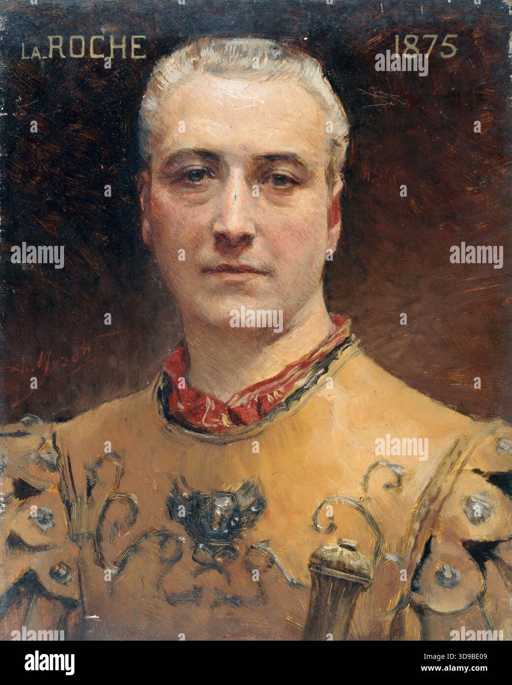 Ritratto di Jules Laroche (1841-1925), membro della Comédie-Francesca, in costume da palcoscenico, di Aimé Morot, pittore, circa 1885, Foto Stock