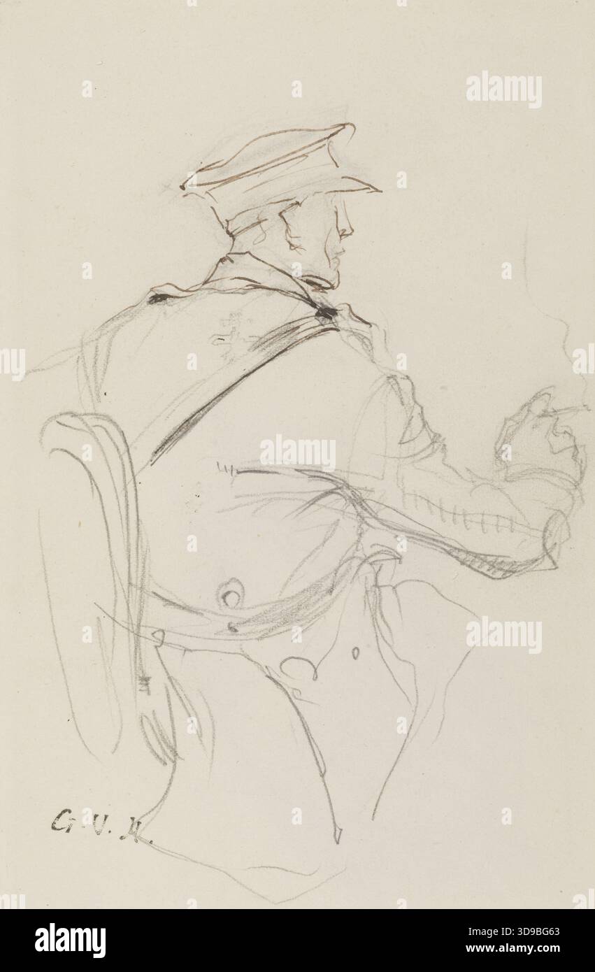 Uomo seduto in uniforme, visto da dietro, da Georges Hugo (conosciuto come Georges-Victor Hugo), Maison de Victor Hugo - Hauteville House, Graphic Arts, Drawing, dimensioni - ArtWork: Altezza: 18 cm, larghezza: 11,5 Foto Stock