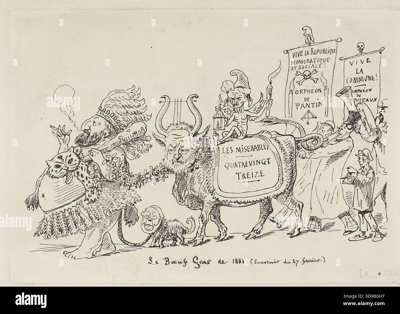 The Fat Ox of 1881 (souvenir del febbraio 27), Unknown, Draughtsman-litografo, 1881, ultimo quarto del XIX secolo, casa di Victor Hugo - Hauteville House, Stampa, Arti grafiche, Stampa, processo fotomeccanico, carta, dimensioni - contrassegno piastra: altezza: 18,8 cm, larghezza: 27 cm, dimensioni - illustrazione: altezza: 31,5 cm, larghezza: 45 cm, dimensioni - supporto museo: altezza: 53 cm, larghezza: 38 Foto Stock