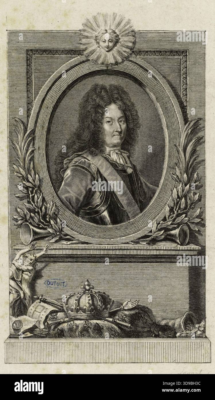 Luigi il grande dopo Rigaud (Dutuit 23), Savart, Pierre, incisore, Rigaud, Hyacinthe Francesco, autore del modello, Scuola francese, XVIII secolo, Stampa, Arti grafiche, stampa interpretativa, incisione, dimensioni - lavoro: altezza: 16 cm, larghezza: 10,2 Foto Stock