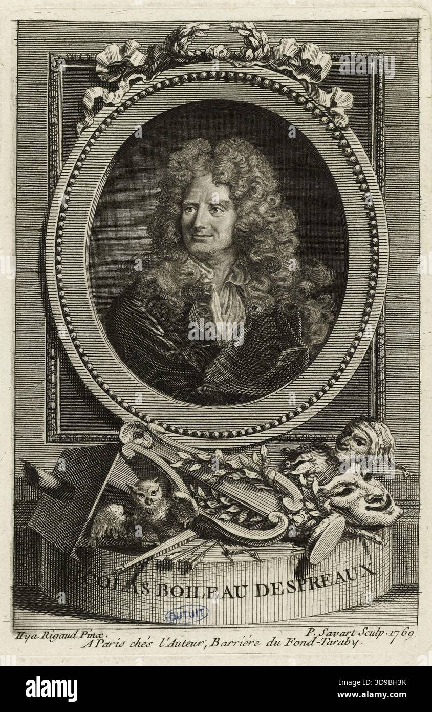 Nicolas Boileau Despreaux dopo Rigaud (Dutuit 4), Savart, Pierre, incisore, Rigaud, Hyacinthe Francesco, autore del modello, Scuola francese, 1769, seconda metà del XVIII secolo, Stampa, Arti grafiche, Stampa interpretativa, incisione, incisione, dimensioni - lavoro: altezza: 12,5 cm, larghezza: 8,3 Foto Stock