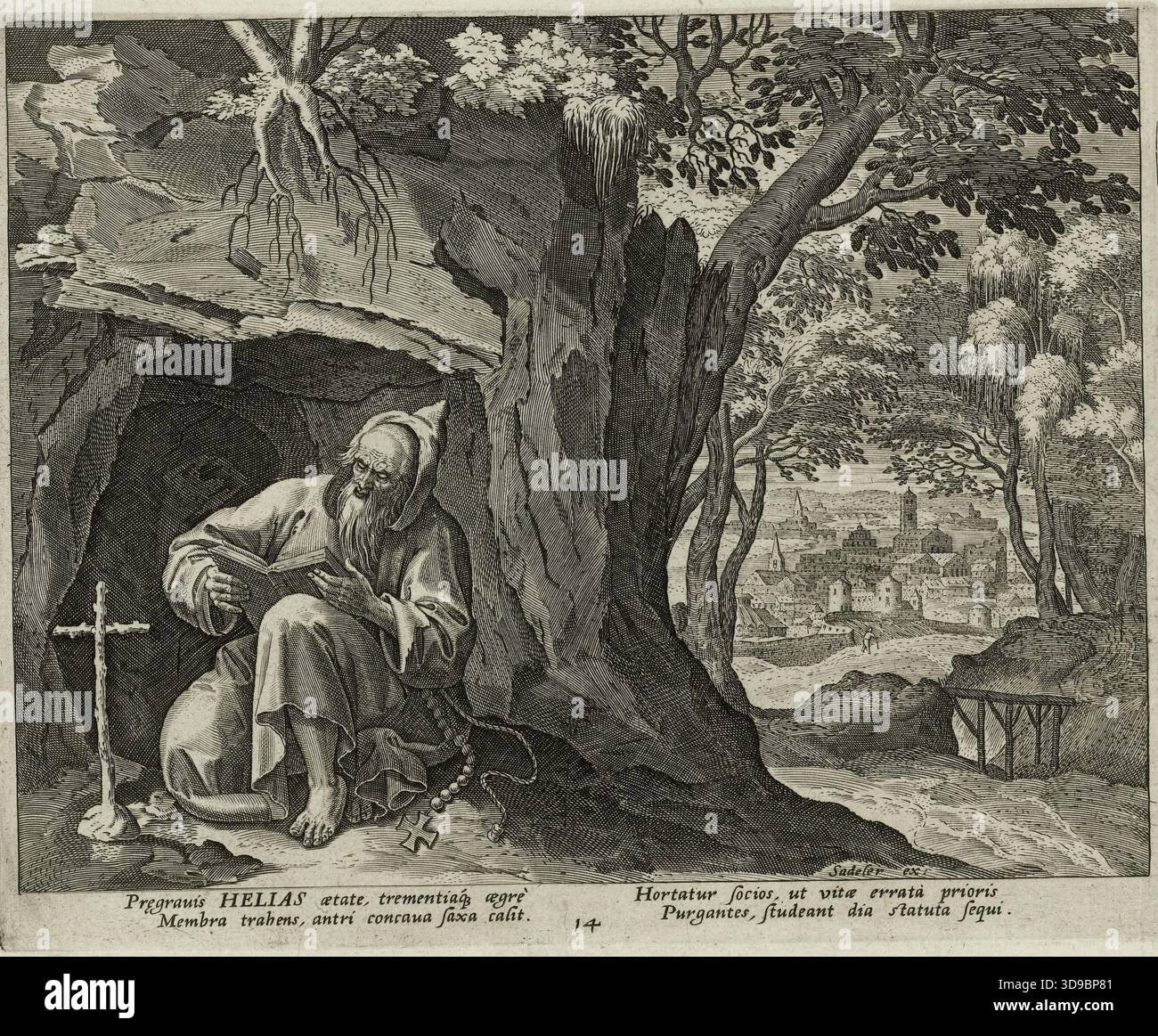 Helias, Sadeler, Jan, Engraver, Vos, Martin o Marten de, autore del modello, XVI secolo, Stampa, Arti grafiche, stampa originale, incisione, dimensioni - lavoro: altezza: 17 cm, larghezza: 21 Foto Stock