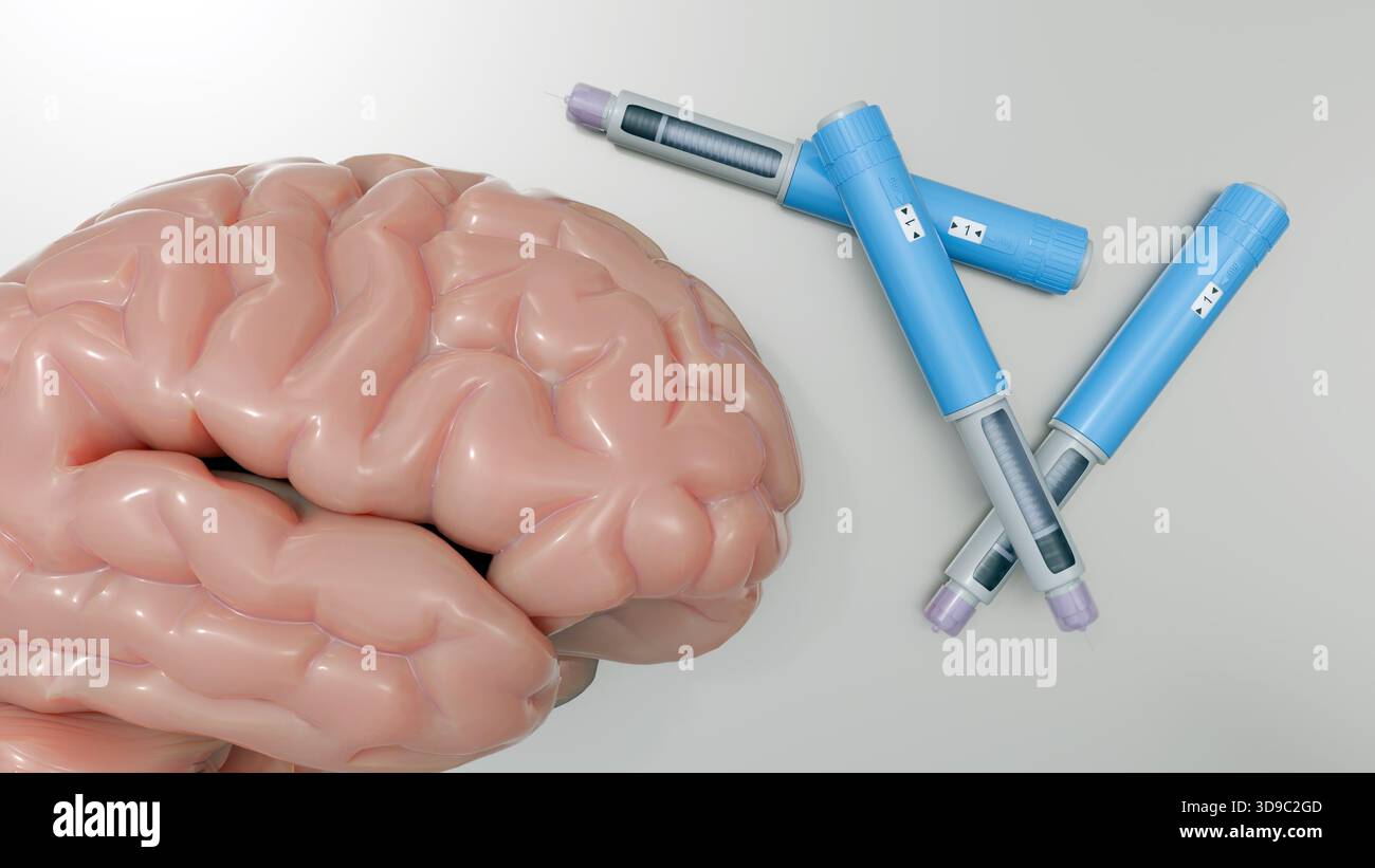 Rendering 3d del cervello e delle penne dell'iniettore. Gli effetti neurologici o cognitivi del farmaco GLP-1. Foto Stock