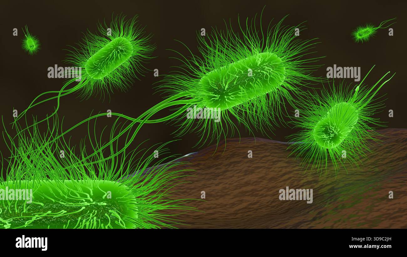 Illustrazione 3D di batteri illuminati, verde brillante, direttamente collegati alla bioluminescenza naturale. Foto Stock