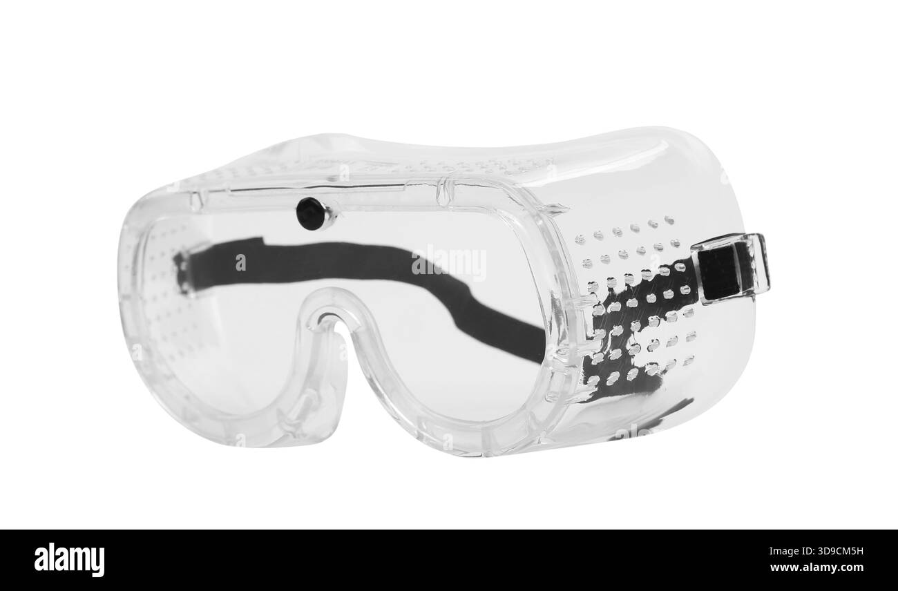 Occhiali di sicurezza trasparenti isolati su sfondo bianco Foto Stock