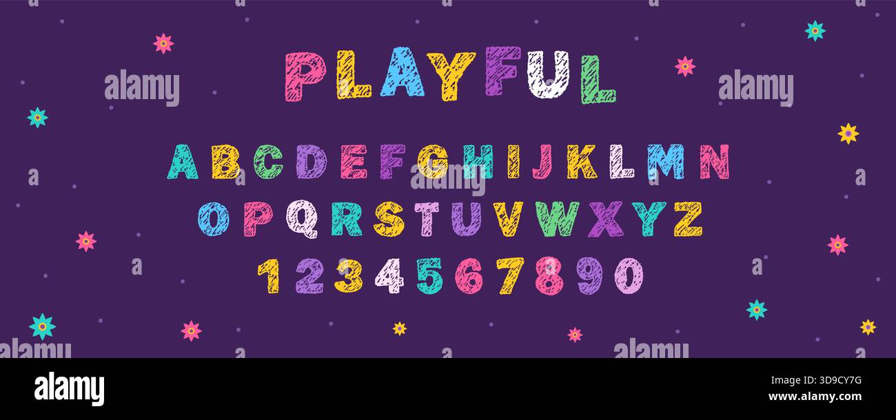 Pastello dell'alfabeto inglese. Carattere tipografico divertente e disegnato a mano con texture a matita e colori vivaci. Illustrazione vettoriale Illustrazione Vettoriale